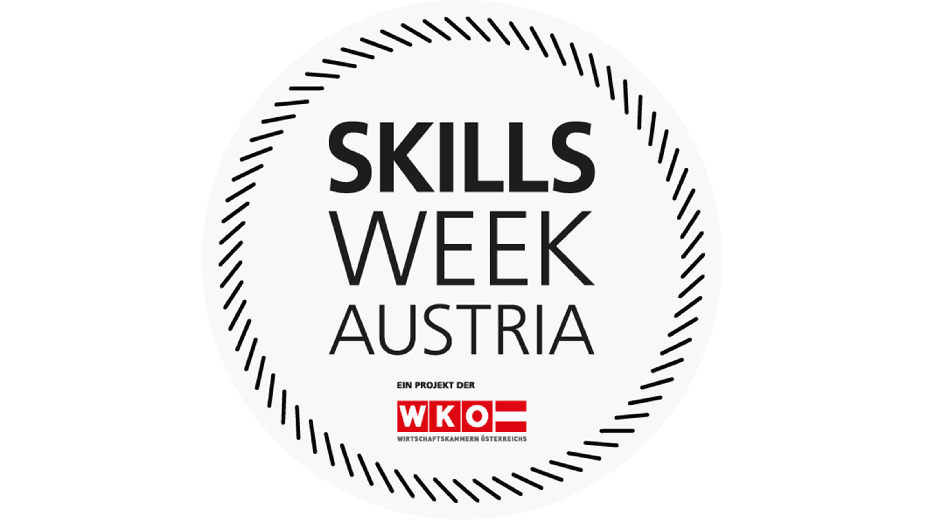 Logo der Skills Week Austria: Schwarzer Schriftzug Skills Week Austria ein Projekt der WKO Wirtschaftskammern Österreichs in Kreis platziert, dessen Linien aus kurzen Strichen bestehen