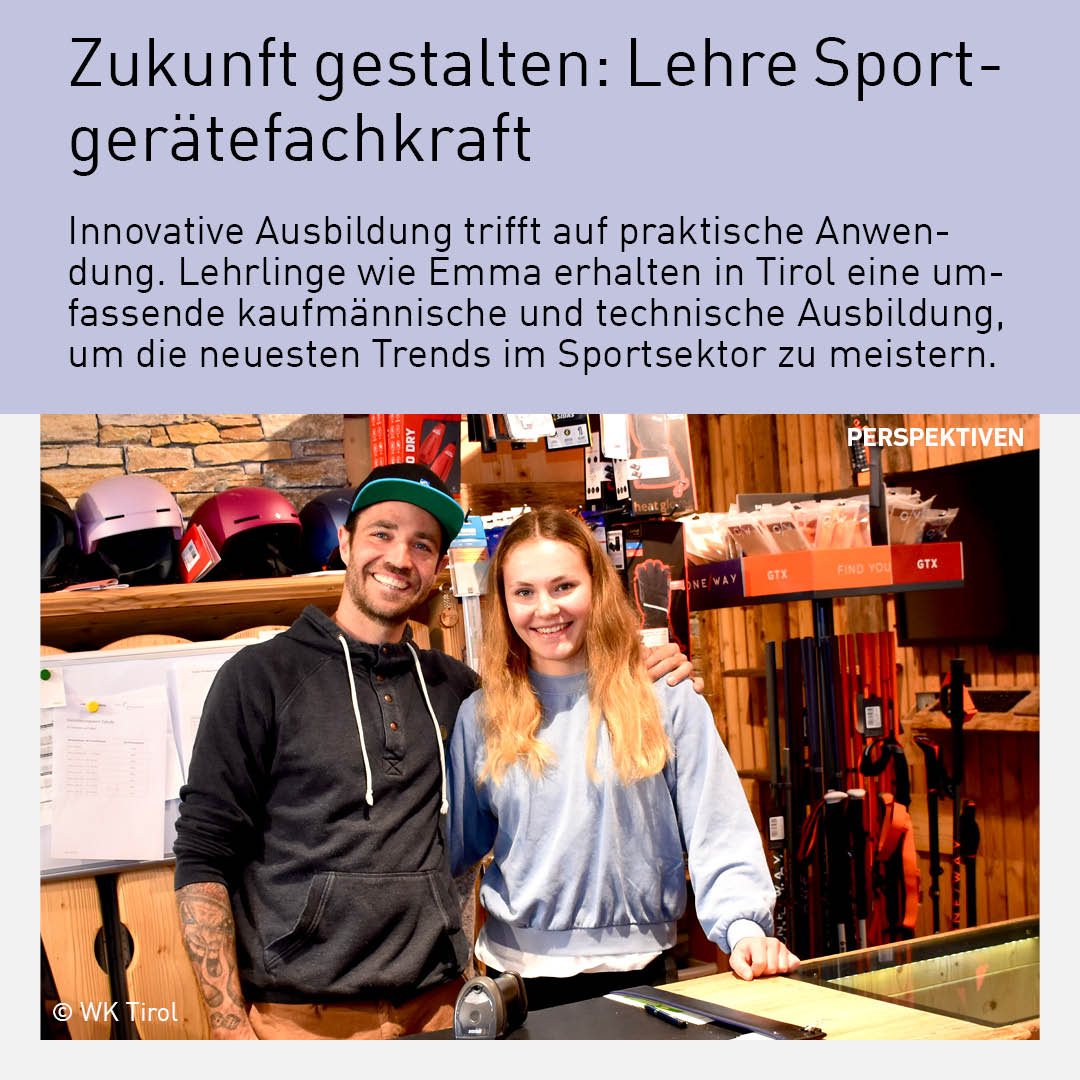 Lehrlinge im Sportgeschäft in Tirol mit Emma und Trainer