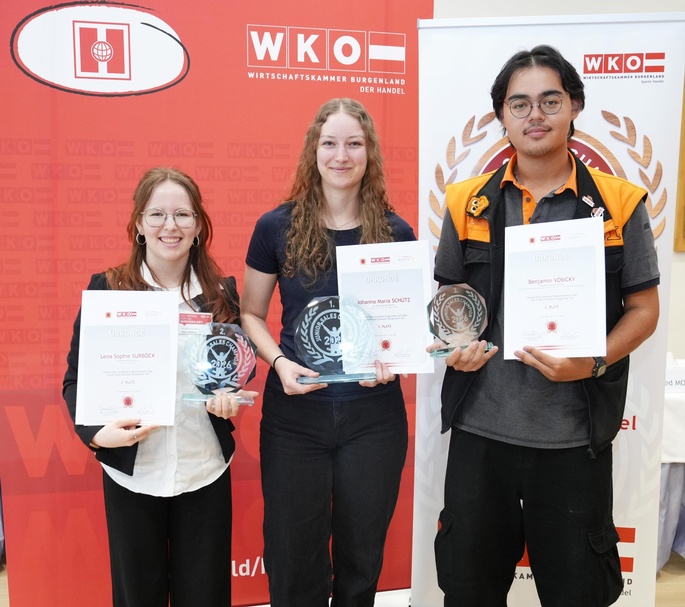 „Junior Sales Champion Burgenland 2026“: Lena Sophie Surböck aus Trausdorf (Lehrbetrieb: XXX Lutz, Eisenstadt), Johanna Maria Schütz aus Draßmarkt (Lehrbetrieb: MK Sportartikel GmbH, Mattersburg) und Benjamin Pranchai Vosicky (Lehrbetrieb: Baustoffgroßhandel Michael Koch Gesellschaft m.b.H. – OBI-Markt Neusiedl am See) (v. l.)