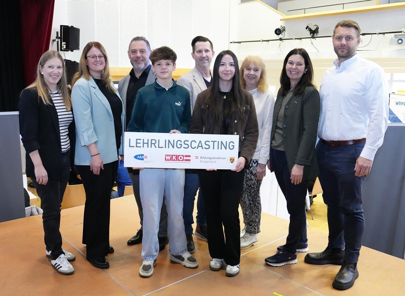 Evelyn Zarits (WK-Regionalstellenleiterin), Karin Steiner (Stv. AMS-Landesgeschäftsführerin), Markus Plattner (AMS Mattersburg), Leo Klawatsch (PTS Mattersburg), Christian Pronai (Bildungsdirektion Burgenland), Kiara Vivien Kovacs (PTS Mattersburg), Michaela Seidl (Schulqualitätsmanagerin), Melanie Eckhardt (WK-Regionalstellenobfrau) und Peter Wagentristl (WK-Regionalstelle) (v. l.) 