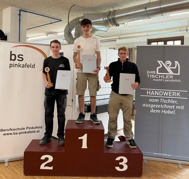 Der Zweitplatzierte Tobias Deutsch (Bau- und Möbeltischlerei Schweitzer GmbH, Strem), Sieger Sandro Stransky (Tischlerei Ecker GmbH, Raiding) und der Drittplatzierte Leon Stuppacher (Freitag Tischlerei GmbH, Winden) (v. l.) 