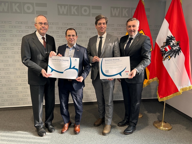 Christian Sonnweber (Geschäftsführer der Notariatskammer für Wien, Niederösterreich und Burgenland), Wirtschaftskammerpräsident Mst. Andreas Wirth, Alexander Winkler (Präsident der Notariatskammer für Wien, Niederösterreich und Burgenland) und Wirtschaftskammerdirektor Harald Schermann (v. l.) 