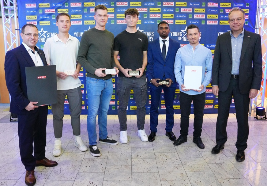 Firma Unger Stahlbau Ges.m.b.H.<br />
Wirtschaftskammerpräsident Mst. Andreas Wirth, Tobias Schabhüttl (3. Lehrjahr), Georg Reisner (4. Lehrjahr), Timo Radits (4. Lehrjahr), Exauce Sulaka (4. Lehrjahr), Patrick Wagner (Ausbilder) und Spartenobmann KommR Christoph Blum (v. l.) <br />
