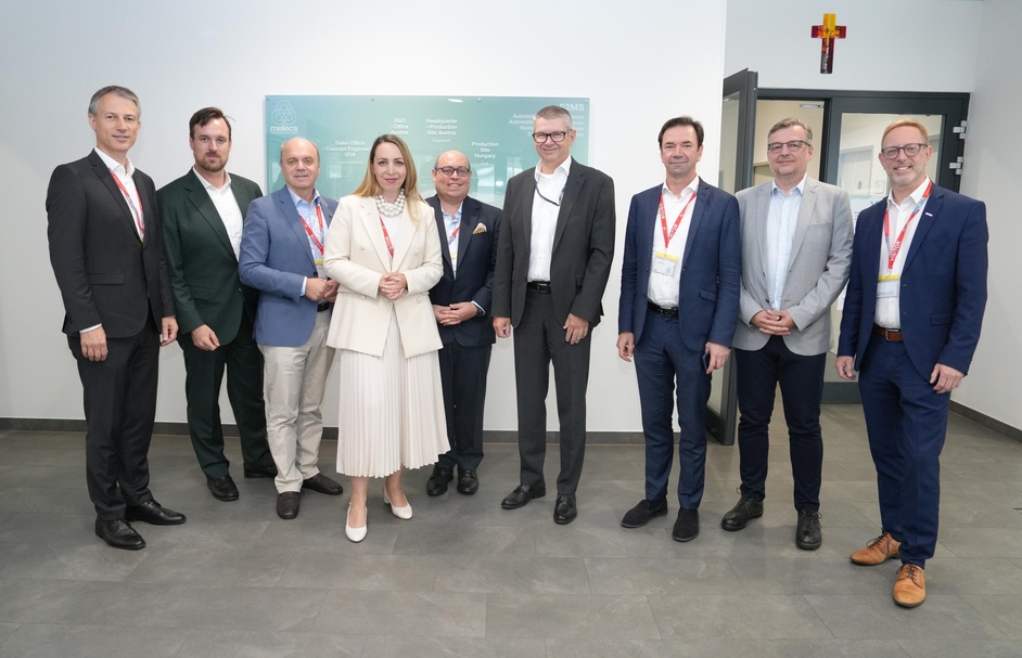 Gerhard Lackner (Istanbul), Andreas Pfleger (Nairobi), Johannes Brunner (Abu Dhabi), Melanie Wagner-Deli (WK Burgenland – AW & EU), Christoph Pfeifer (Riyadh), Bernhard Pulverer (CEO Melecs EWS GmbH), David Bachmann (Kiew), Erich Lampel (Melecs EWS GmbH) und Ewald Hombauer (WK Burgenland – Sparte Industrie) (v. l.) 