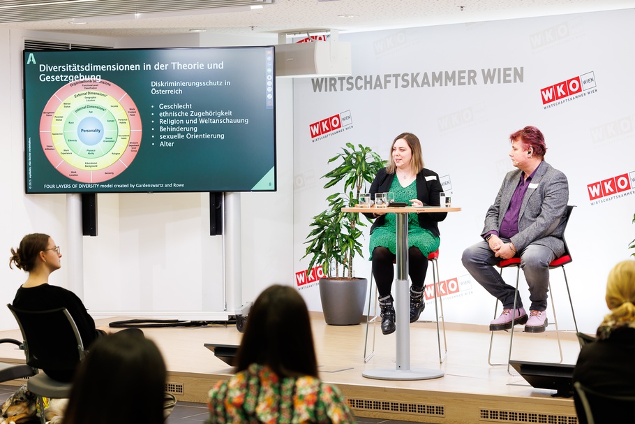 Zwei Personen mit Headmikrofonen sitzen auf erhöhten Stühlen neben Stehtisch auf Bühne vor Wand mit rotweißen Logos WKO und Schriftzügen Wirtschaftskammer Wien, daneben Bildschirm mit Diagramm zu Diversitätsdimensionen, im Vordergrund verschwommen Publikum auf Stühlen sitzend