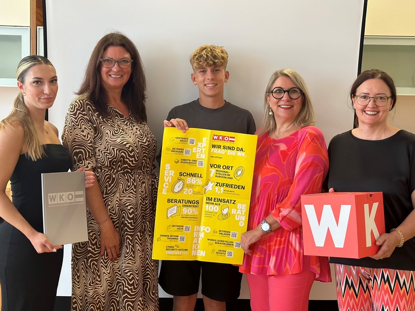 Personen halten WKO-Werbung ins Bild und lächeln