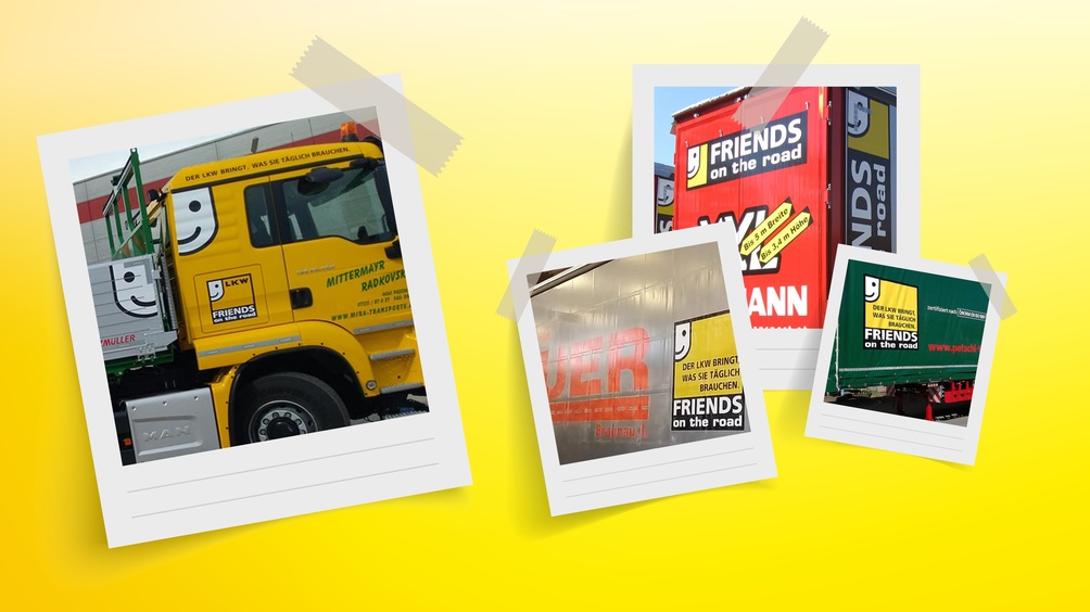 Collage aus vier Fotos von Lkw mit Aufschrift „Friends on the road“ auf gelbem Hintergrund
