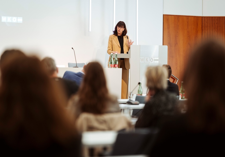 Frontale Aufnahme einer Person in einem dunklem Oberteil, mit Sakko und Brillen, die hinter einem Pult in einem Raum steht und in Mikrofon spricht. Ihr gegenüber sitzt Personen in einem Publikum