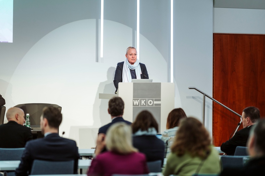 Gruppen- und Einzelfotos: Vortragende und Teilnehmer:innen bei der Veranstaltung in der WKÖ, im Saal und vor der WKÖ