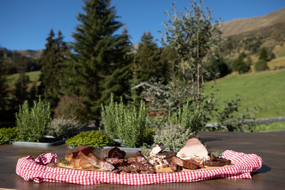 Brettljause im Hintergrund Wiese