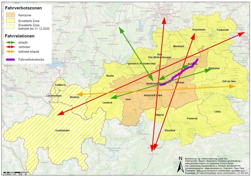 Übersichtskarte sektorales LKW-Fahrverbot Tirol