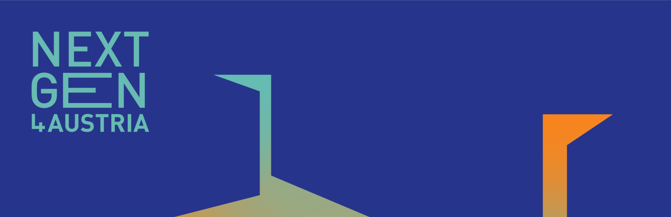 Titelbild Nextgen4you. Oben links der Schriftzug in türkis auf blauen Hintergrund in Großbuchstaben in drei Zeilen: erste Zeile Next, zweite Zeile Gen, dritte Zeile 4Austria. Unten links befinden sich drei Wörter in der selber Farbe: Übernehmen, Weiterentwickeln, Nachfolgen. Darunter befinden sich zwei Dreiecke in orange und türkis mit jeweils einer Fahne auf den Spitzen. 