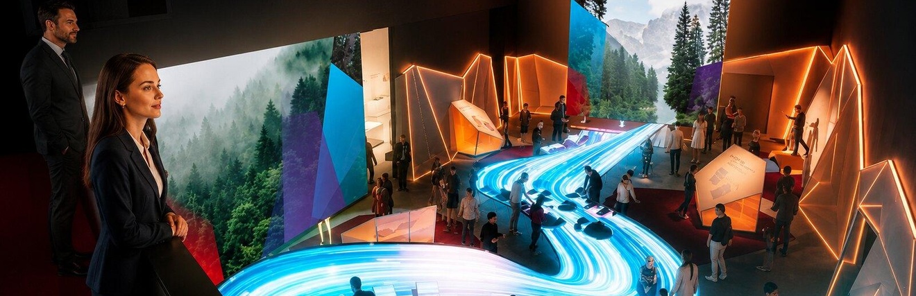 Blick auf eine Ausstellungsfläche mit Besucher:innen
