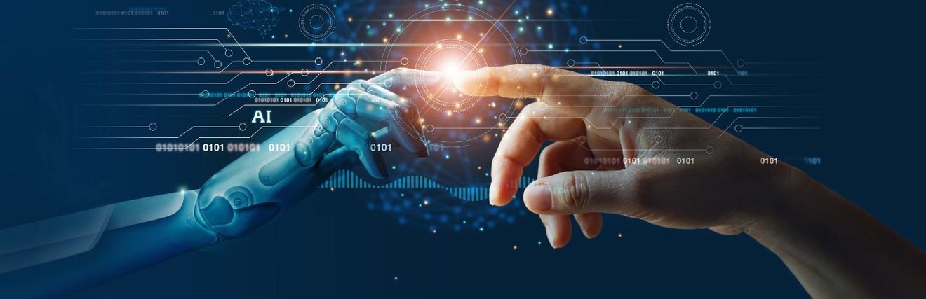 Zeigefinger eines Roboters und eines Mannes berühren sich