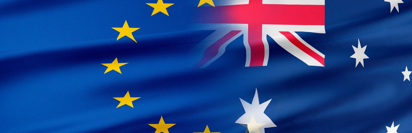 Auf einem dunkelblauen Stoff ist links ein Halbkreis, bestehend aus gelben Sternen. In der Mitte oben sind rote horizontale, vertikale und diagonale Striche, die weiß umfasst sind. Rechts sind weiße Sterne