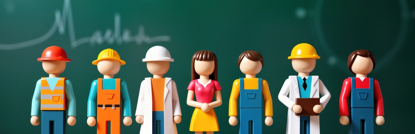 Hölzerne Figuren, die verschiedene Berufe darstellen, stehen in einer Reihe auf einer Holzoberfläche. Die farbenfrohen Figuren tragen unterschiedliche Uniformen, die verschiedene Tätigkeiten wie Bauarbeiter, Ärzte und Büroangestellte symbolisieren.