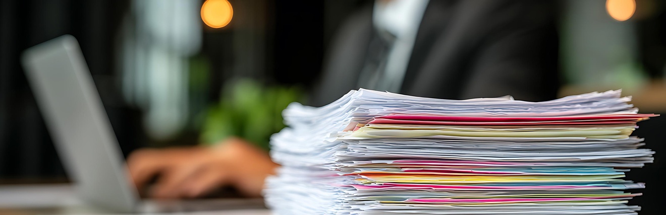 Papierstapel im Vordergrund, Mann am Laptop im Hintergrund