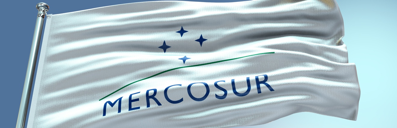 Eine weiße Flagge, vor hellblauem Hintergrund. Auf der Flagge sind vier Sterne und ein grüner Strich. Darunter steht Mercosur