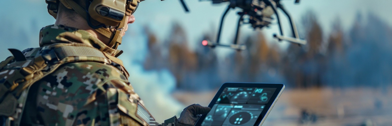 Soldat nutzt ein Tablet zur Steuerung einer Militärdrohne in einem Einsatzgebiet.