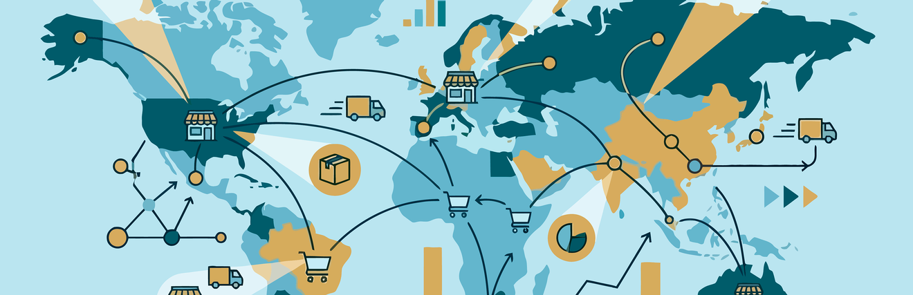 Global logistics network with world map and data charts 