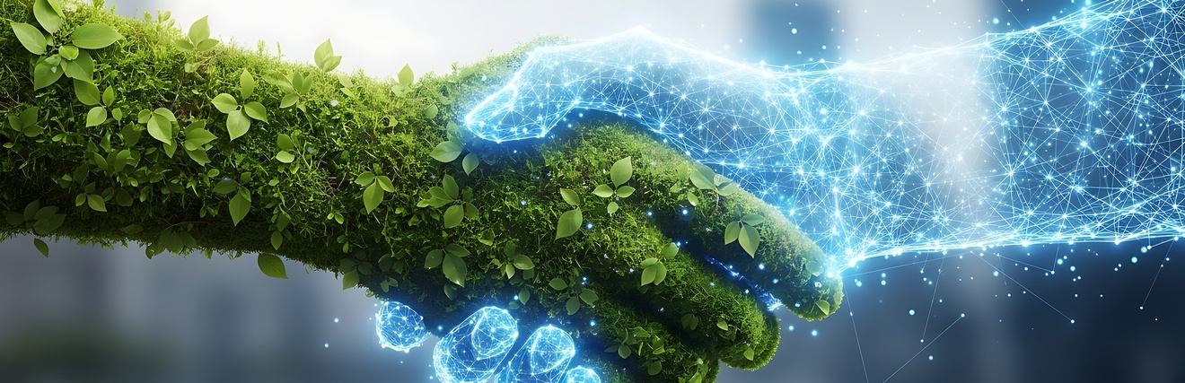 KI generiertes Bild. Handschlag. Linke Hand besteht aus Pflanzen, rechte Hand futuristisch. 