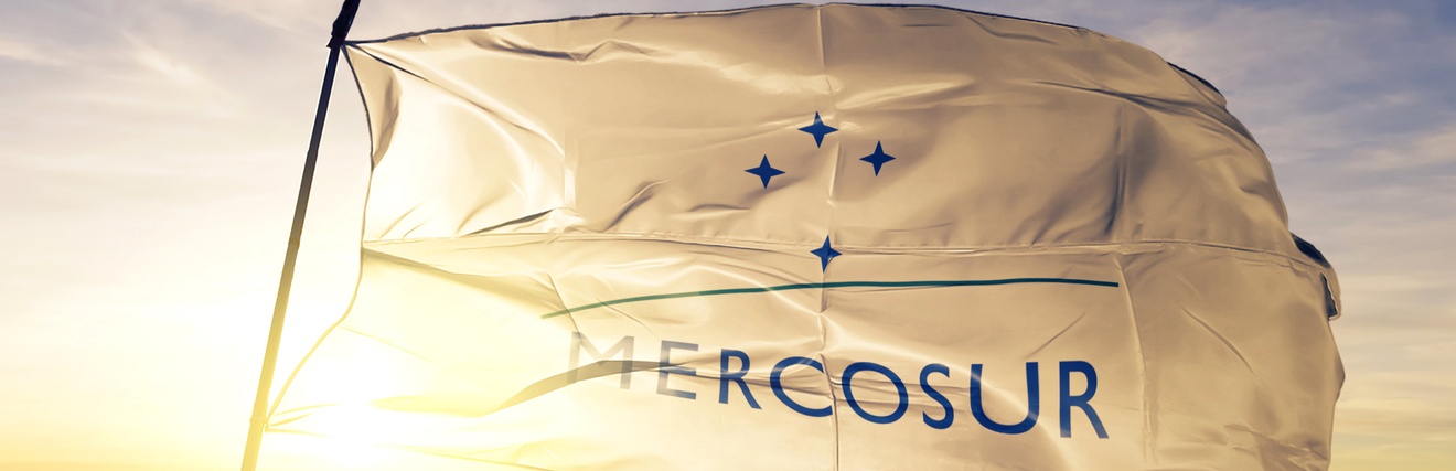 Weiße Fahne mit Mercosur Schrift und Sternen weht bei Abenddämmerung