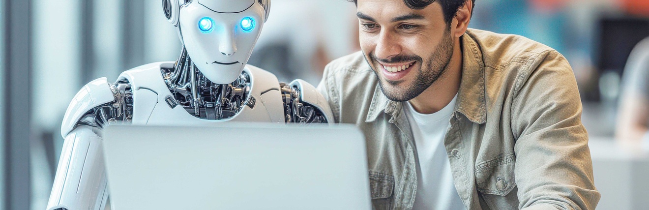 Mensch und Roboter vor PC Editorial KI Tour