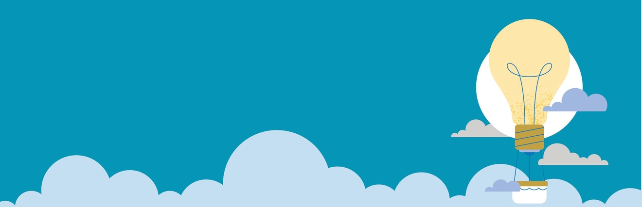 Illustration eines Heißluftballons mit Schirm in Form einer Glühbirne, im Hintergrund zeigt sich ein blauer Himmel mit Wolken