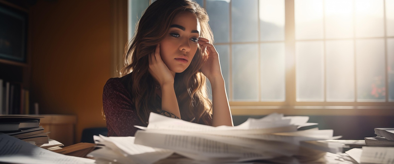 Frau sitzt vor einem Berg an Papieren in ihrem Büro, während die Sonne beim Fenster hereinscheint