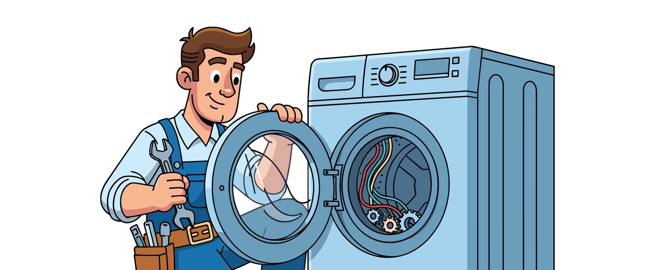 Ein Elektriker bei der Reparatur einer Waschmaschine