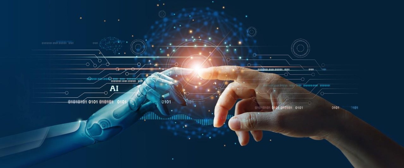 Zeigefinger eines Roboters und eines Mannes berühren sich