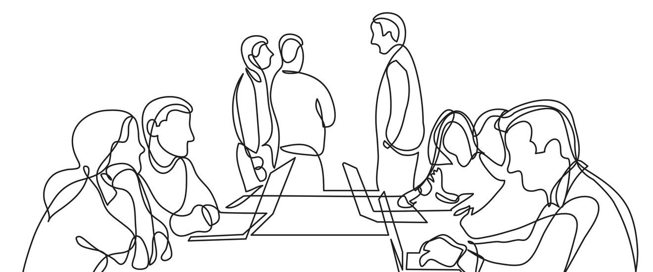 Illustration mehrerer Personen um Tisch sitzend und stehend