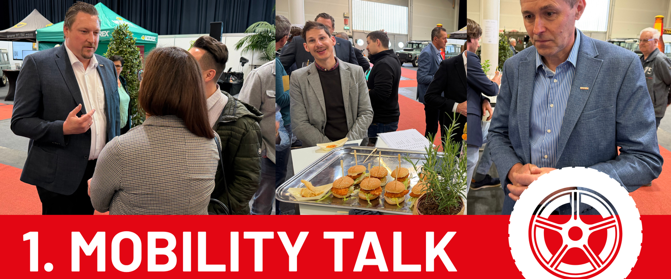 3 Fotos einer Veranstaltung als Collage, darunter ein roter Streifen und weiße Schrift