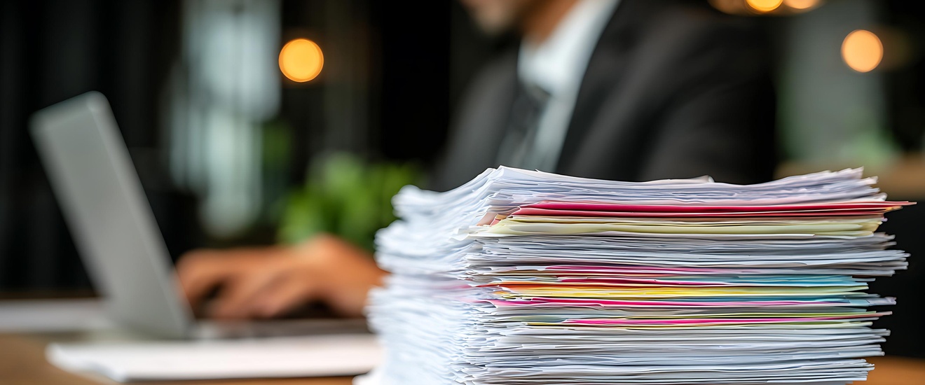 Papierstapel im Vordergrund, Mann am Laptop im Hintergrund