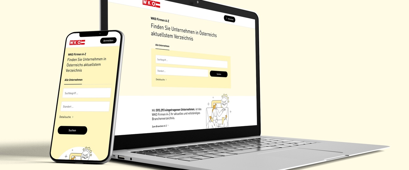 Aufgeklapptes Notebook mit an Monitor lehnendem Smartphone, auf Displays Ansichten der Website WKO Firmen A-Z: WKO Logo in weißer Schrift auf rotem Hintergrund, darunter weißgelbe Website Bereiche mit Illustrationen von Personen