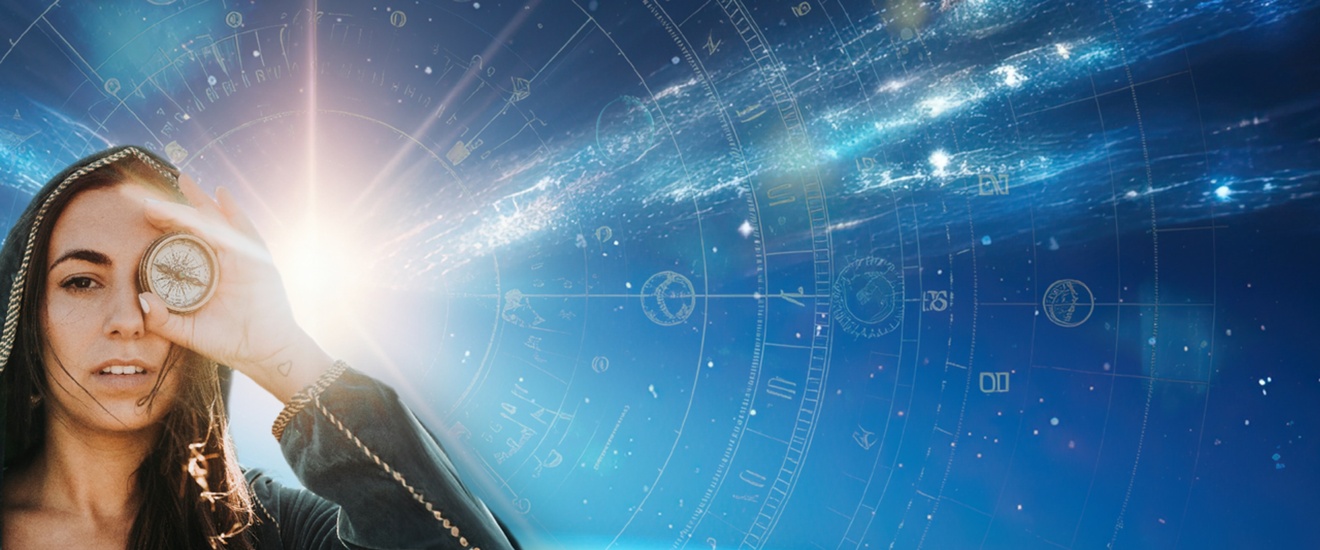 grafik, grau mit teleskop vor grafischem blauen hintergrund