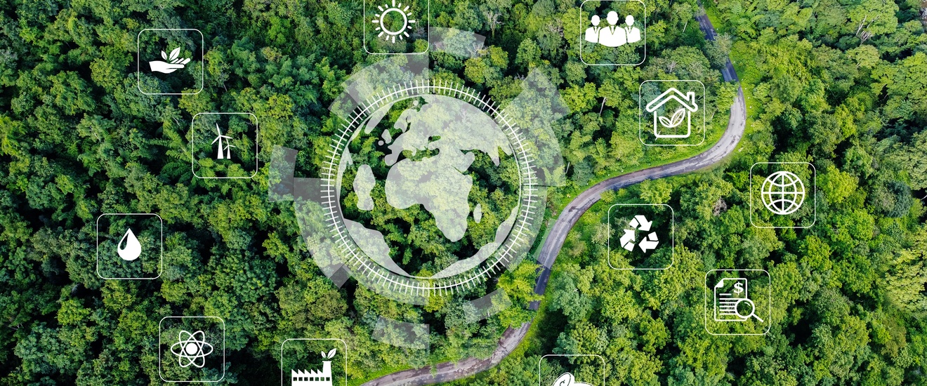 Vogelperspektive auf einen grünen Wald, durchbrochen von Straße, darüber Overlay der Weltkugel und verschiedene Symbole zum Thema Nachhaltigkeit