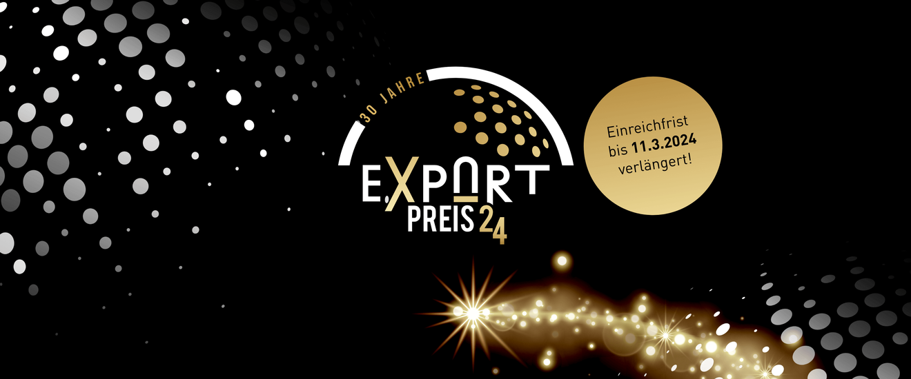Logo: 30 Jahre Exportpreis - schwarzes Sujet mit Sternschnuppe und Log in Gold und Silber