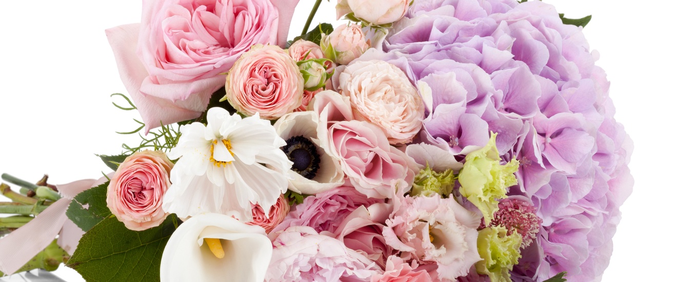 Nahaufnahme zusammengebundener, liegender Blumen mit hellen Blüten, in den Farben, weiß, rosa oder lila auf weißem Hintergrund