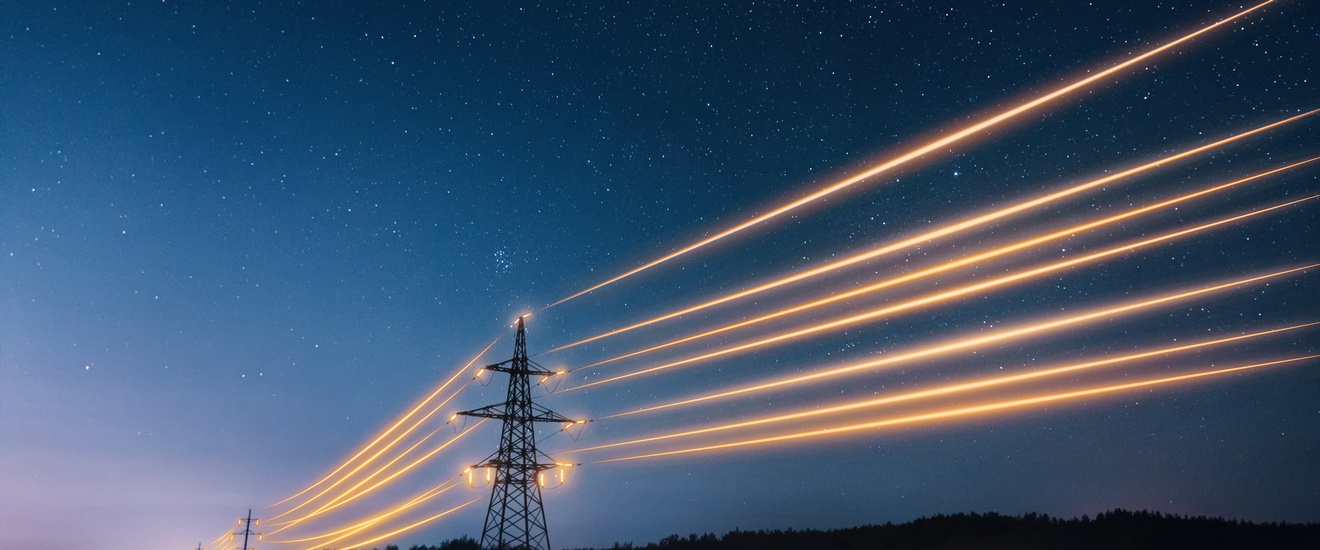 Hintereinander stehende Starkstrommasten unter dem blauen Himmel mit Sternen, die Stromleitungen leuchten golden.