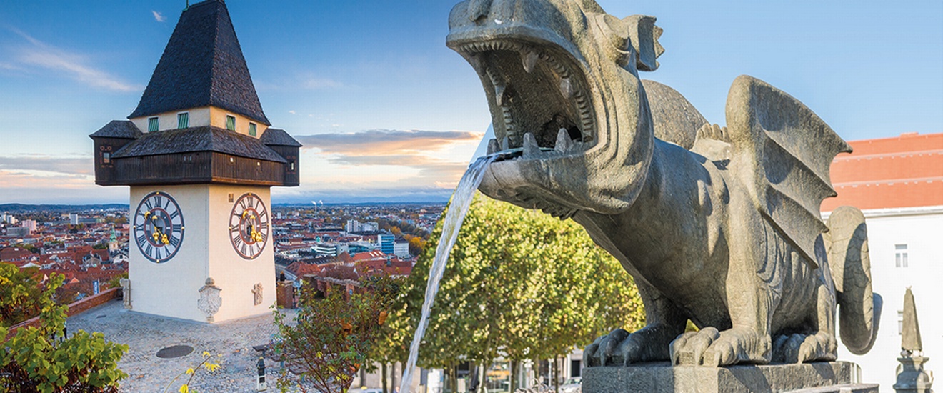 Collage des Uhrturms in Graz und des Lindwurms in Klagenfurt