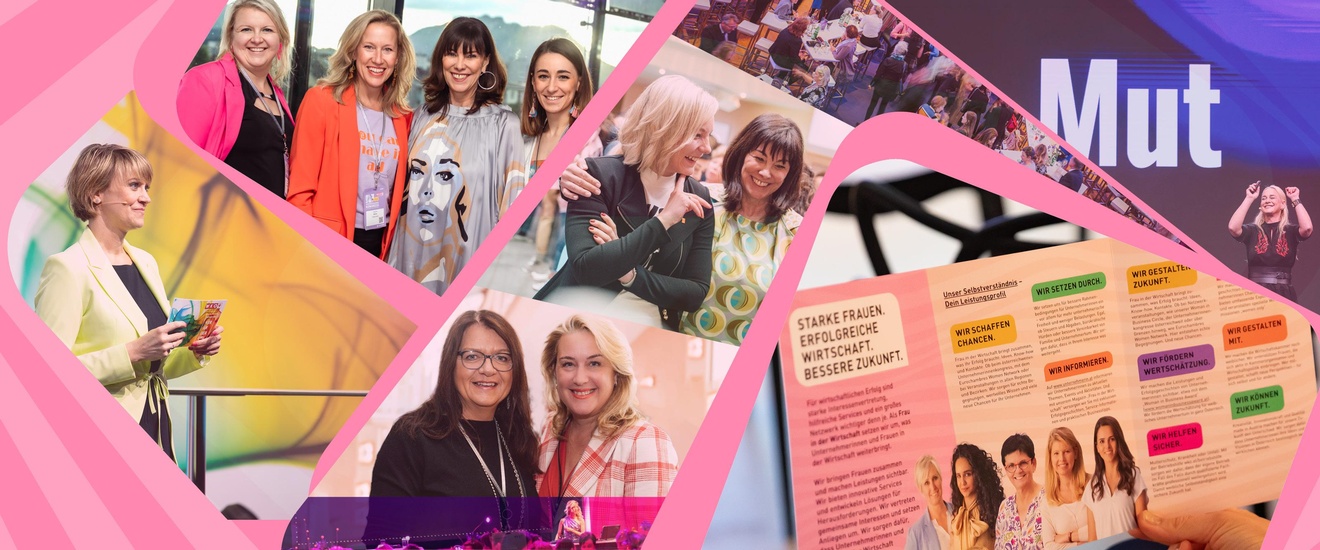 Eine Collage aus mehreren Fotos zeigt Frauen auf einer Veranstaltung – beim Netzwerken, auf einer Bühne, in Gesprächen und beim Lesen einer Broschüre – vor einem pink gestalteten Hintergrund mit vielen Menschen und einer Konferenzatmosphäre.