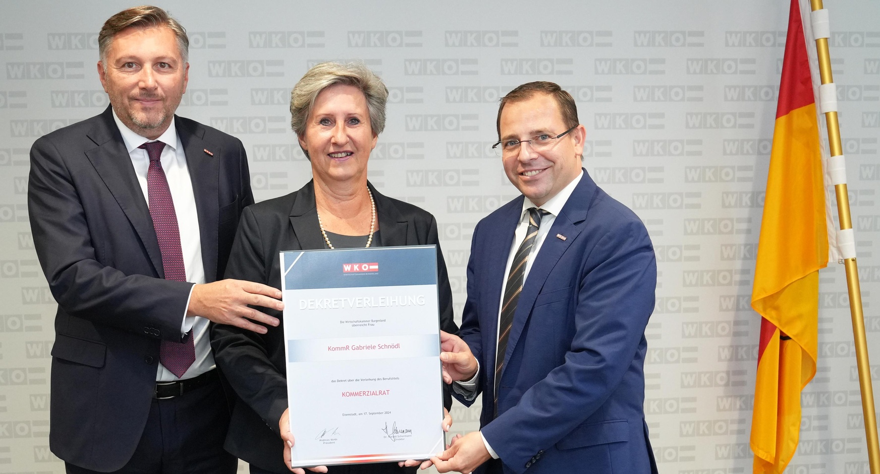 Wirtschaftskammerdirektor Harald Schermann, KommR Gabriele Schnödl und Wirtschaftskammerpräsident Andreas Wirth (v. l.). 