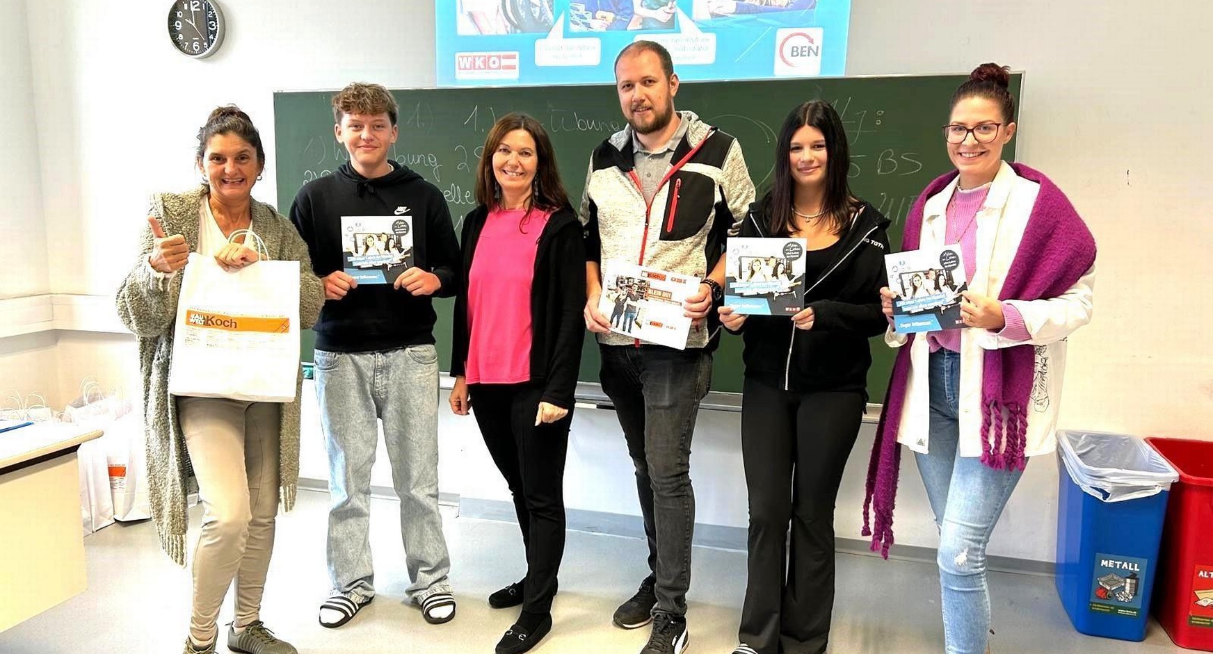 Sonja Reinisch (BEN - Verein zur Berufseingliederung & Nachwuchskräfteförderung), David Florian (Schüler), Melanie Eckhardt (Obfrau des burgenländischen Markthandels), Alexander Quaisser (BauWelt Koch Mattersburg), Selina Palmisano (Schülerin) und Marie Schitzhofer (Pädagogin) (v. l.). 
