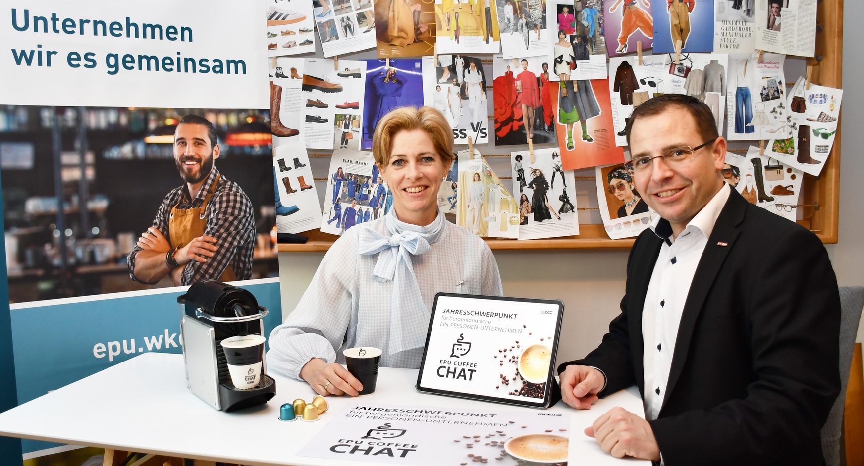 Wirtschaftskammerpräsident Andreas Wirth und EPU-Landessprecherin Daniela Jagschitz präsentieren die neue Online-Info-Kampagne „EPU-CoffeeChat“. 