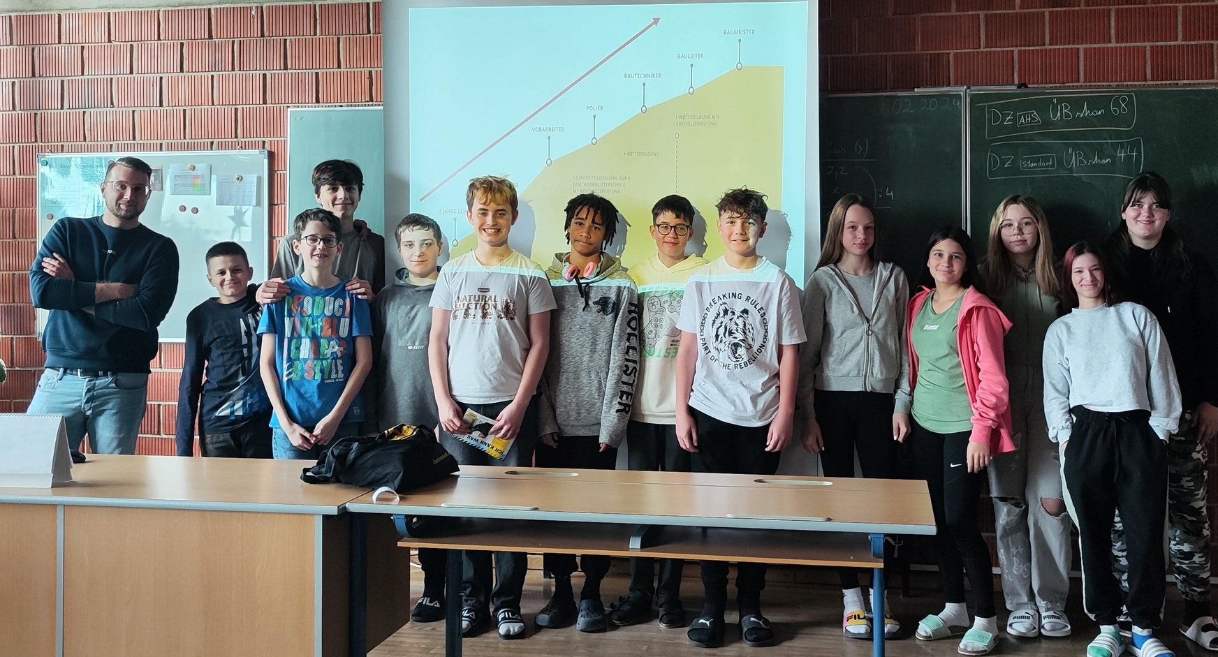 Patrick Zenz (l.), Lehrlingsexperte der Bauakademie Steiermark-Burgenland, mit Schülern der MS Großwarasdorf.