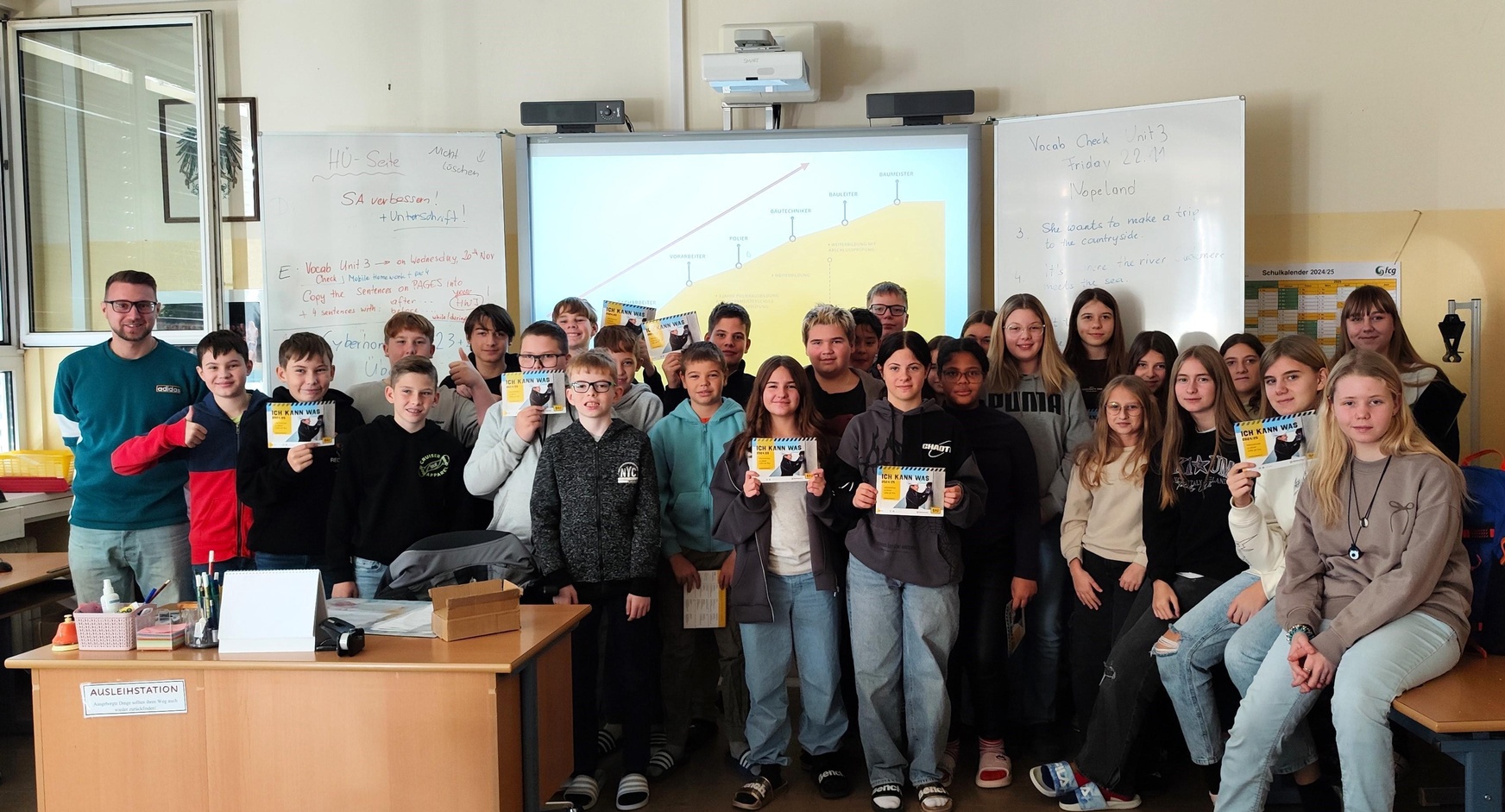 Lehrlingsexperte Patrick Zenz (l.) mit Schülerinnen und Schülern der MS Schattendorf. 