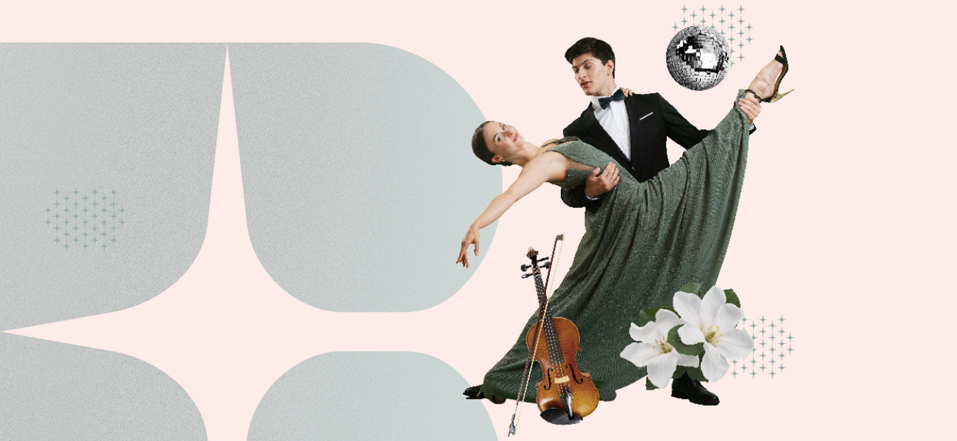 Tanzpaar in Tanzposition mit Blume und Geige auf einem hellrosa Hintergrund mit einem blassem B seitlich