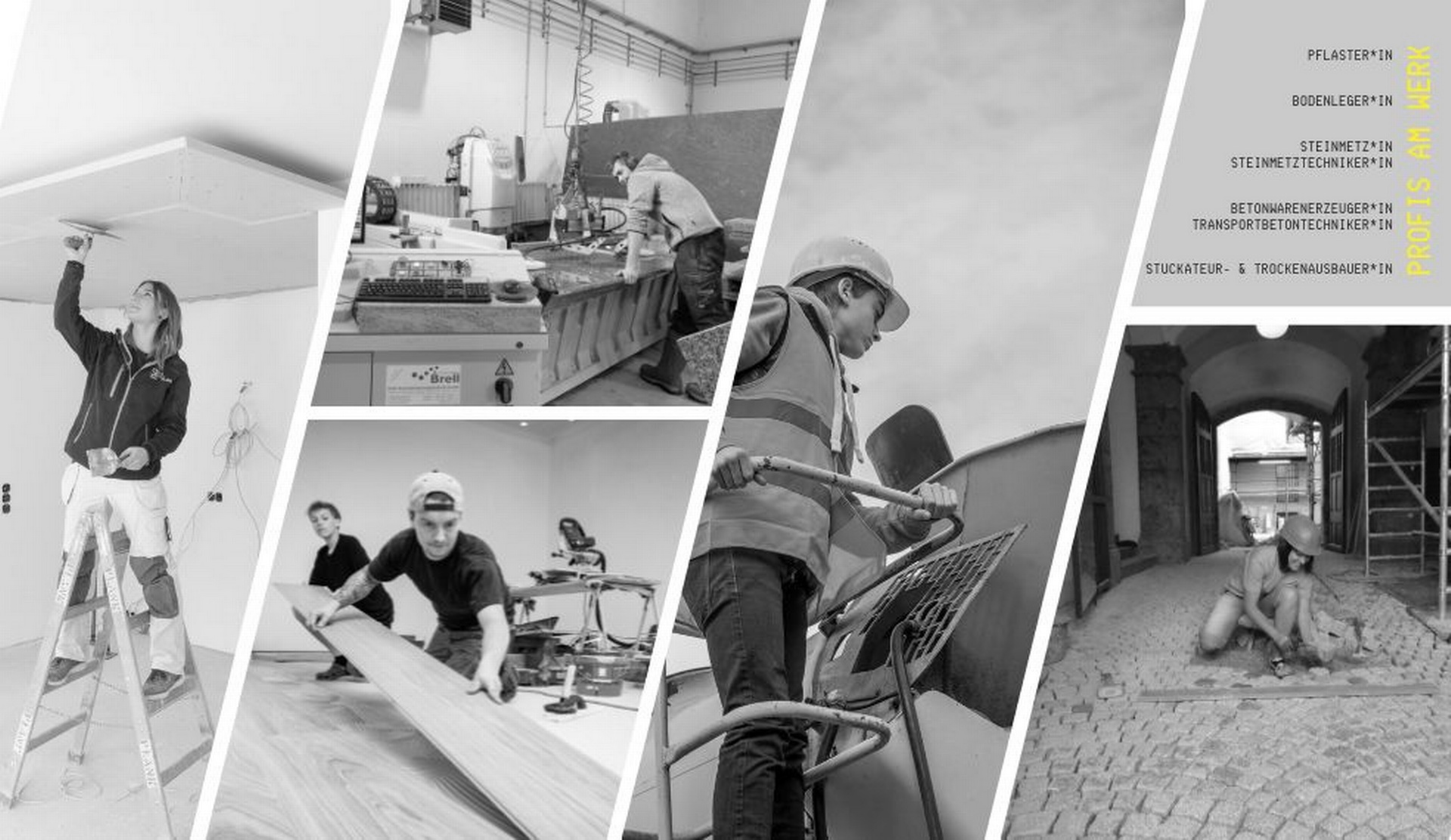Headerbild Profis am Werk - Darstellung Collage aller Lehrberufe im Bauhilfsgewerbe