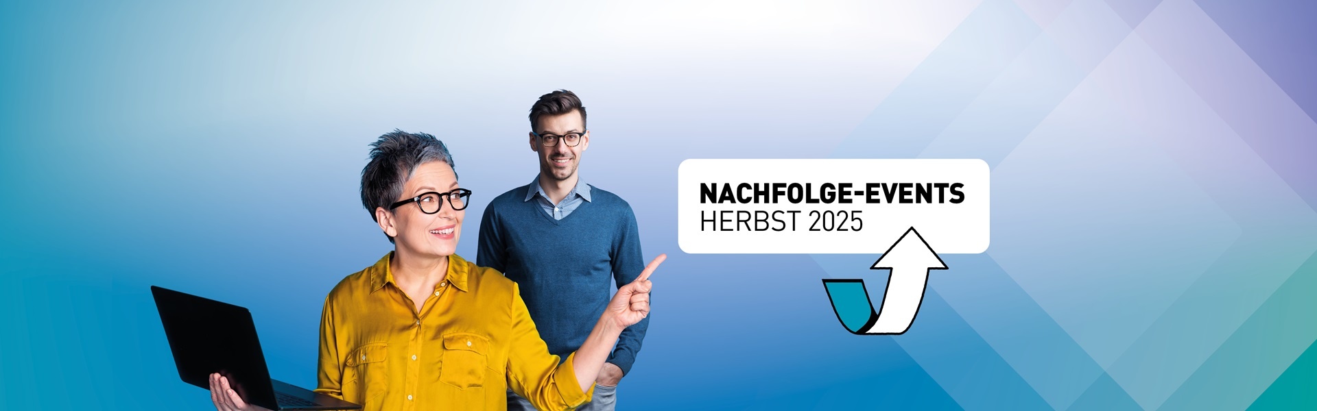 Sujet-Bild: Ein Mann, eine Frau - Schriftzug Betriebsnachfolge im Fokus